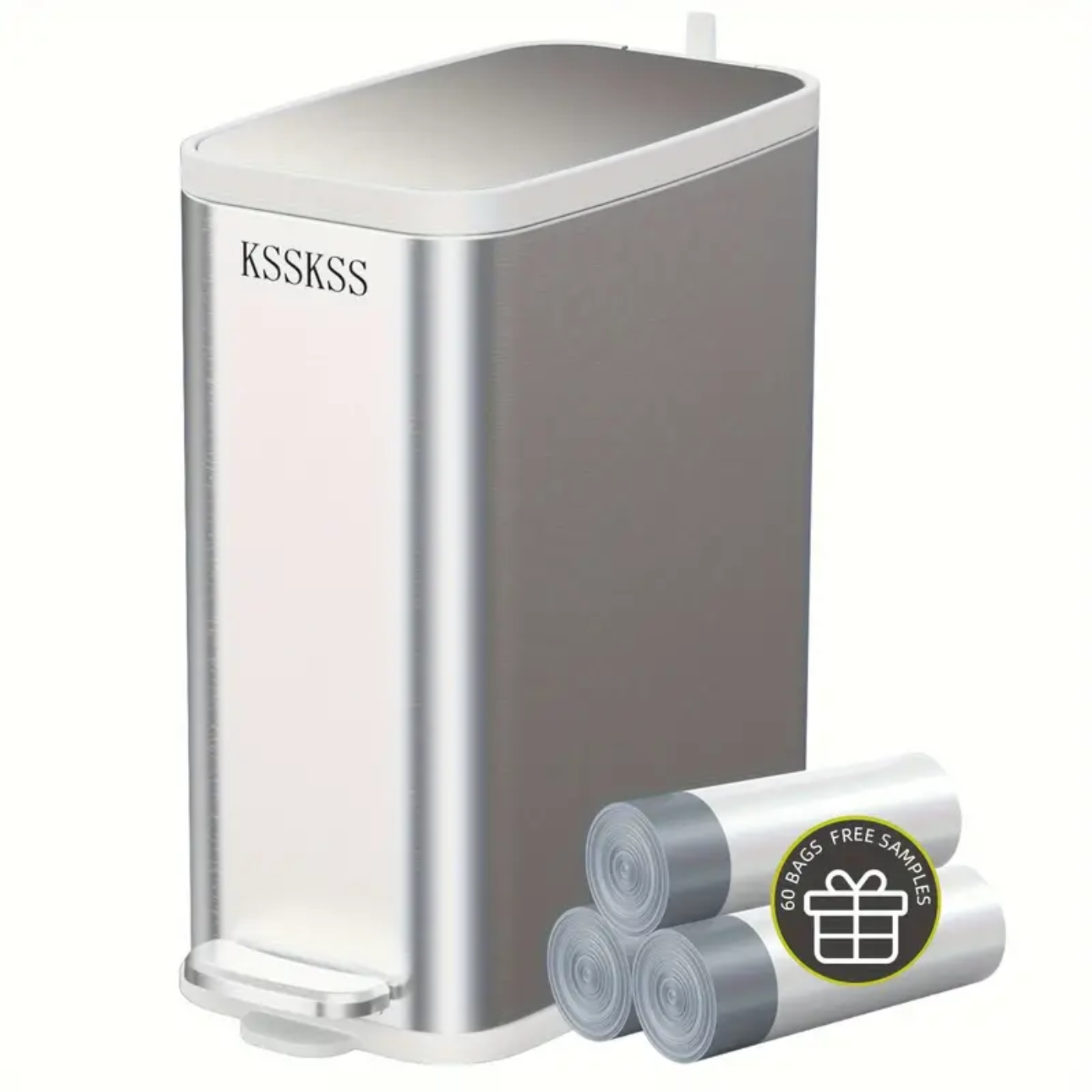 6L Stainless Steel Bathroom Trash Can with Pedal & 60 Bags - Zornits