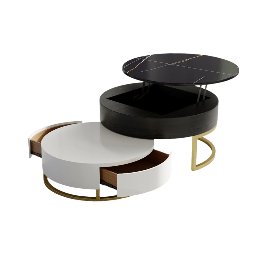 Nesting coffee table set of two with the lift-top raised and a drawer open