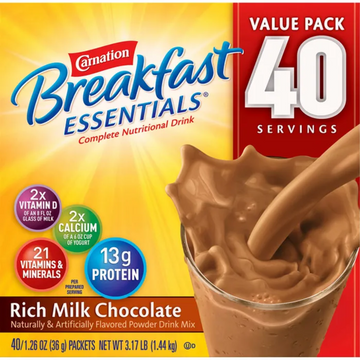 Carnation Breakfast Essentials Powdered Drink Mix, Rich Milk Chocolate, 1.26 oz, 40-count