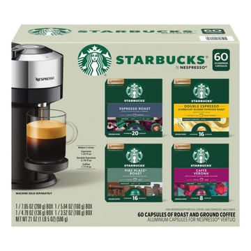 Starbucks Coffee and Espresso Capsules for Nespresso Vertuo Machines 60-count Variety Pack, 100%