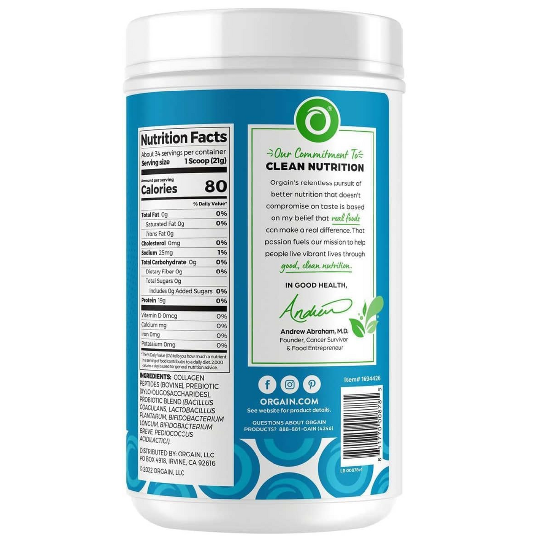 Orgain Collagen +Superfoods with 20 Grams of Grass-Fed Collagen and Vitamin C, Unflavored, 25.6 oz