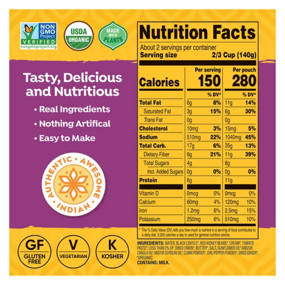 Organic Tasty Bite Madras Lentils, 10 oz, 8-count