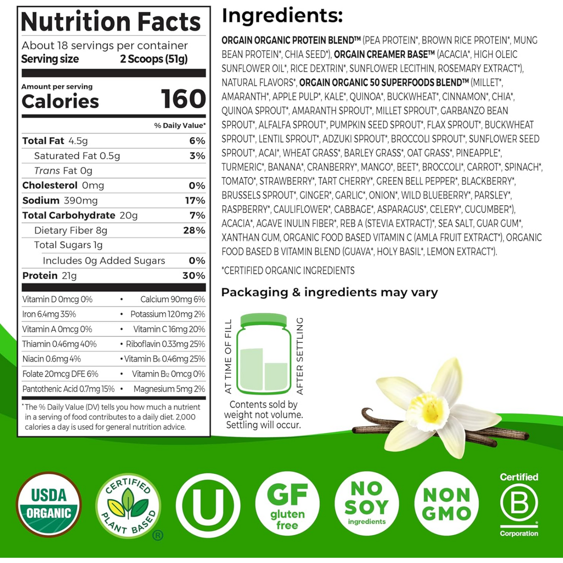 Orgain Organic Vegan Protein + 50 Superfoods Powder, Vanilla Bean - 21g Plant Based Protein, 8g Prebiotic Fiber, No Lactose Ingredients, Gluten Free, No Added Sugar, Non-GMO, 2.02 lb