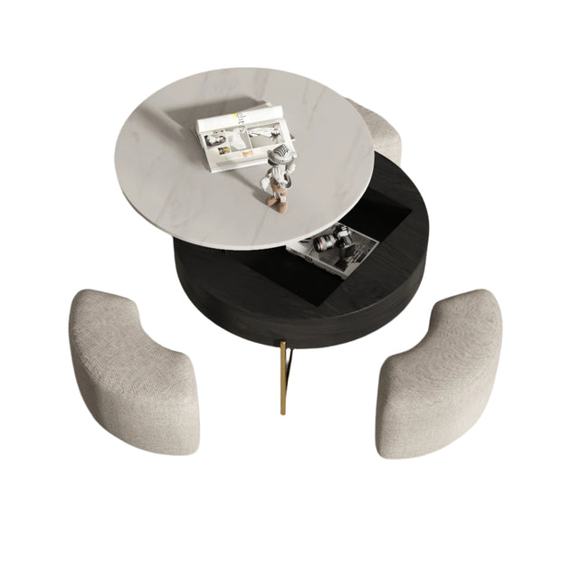 Round lift-top coffee table in sintered stone with three upholstered stools underneath