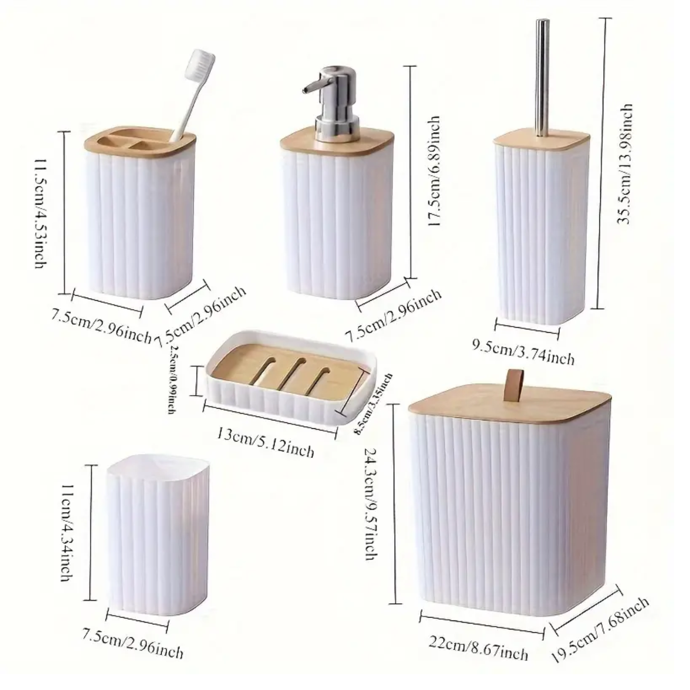 7PCS Bamboo Bathroom Set with Trash Can - Zornits