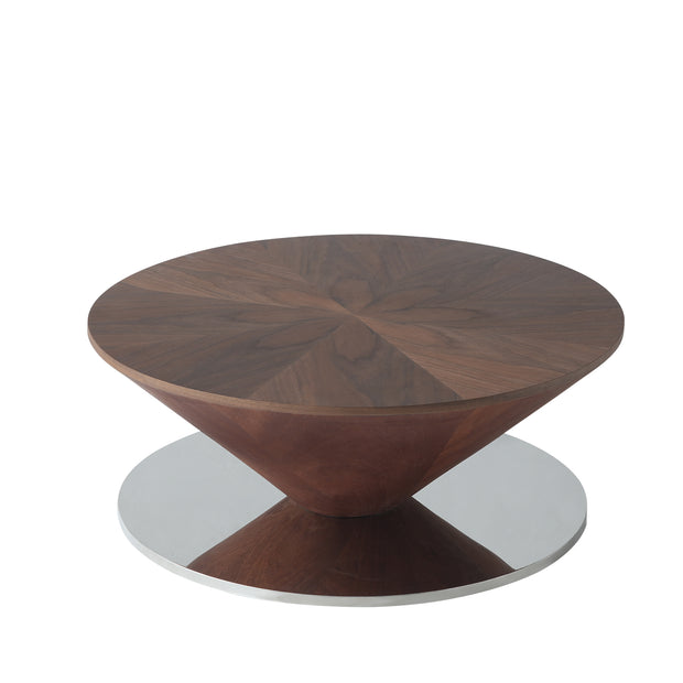 Round walnut coffee table on a metal pedestal