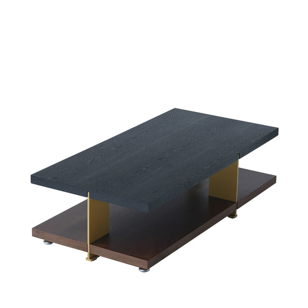 Two tier rectangular coffee table in ash and walnut with metal legs
