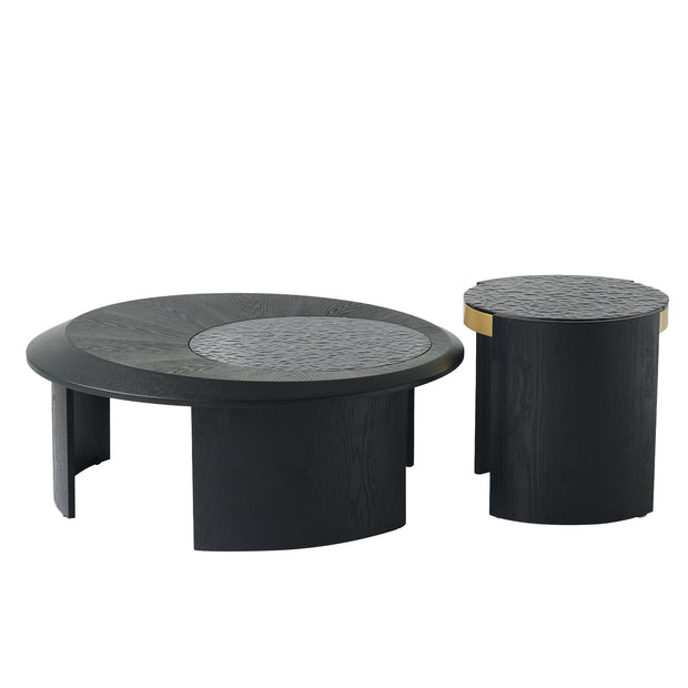 Round nesting coffee table set in walnut with a water wave glass top