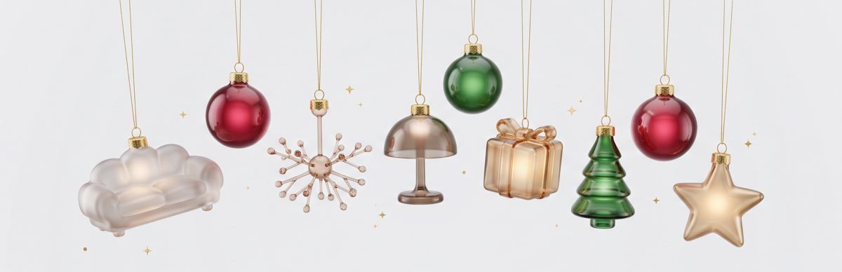 Glass Christmas ornaments shaped like a sofa, chandelier, lamp, gift, tree and star