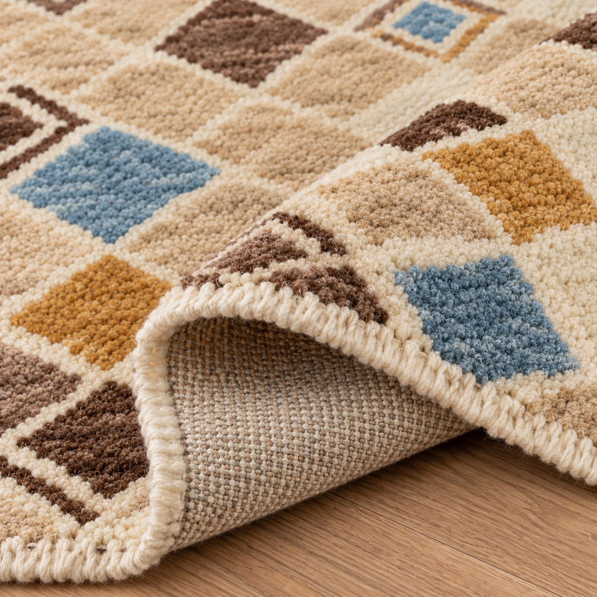100% Handspun Miamana Wool Rug, folded corner showing the back