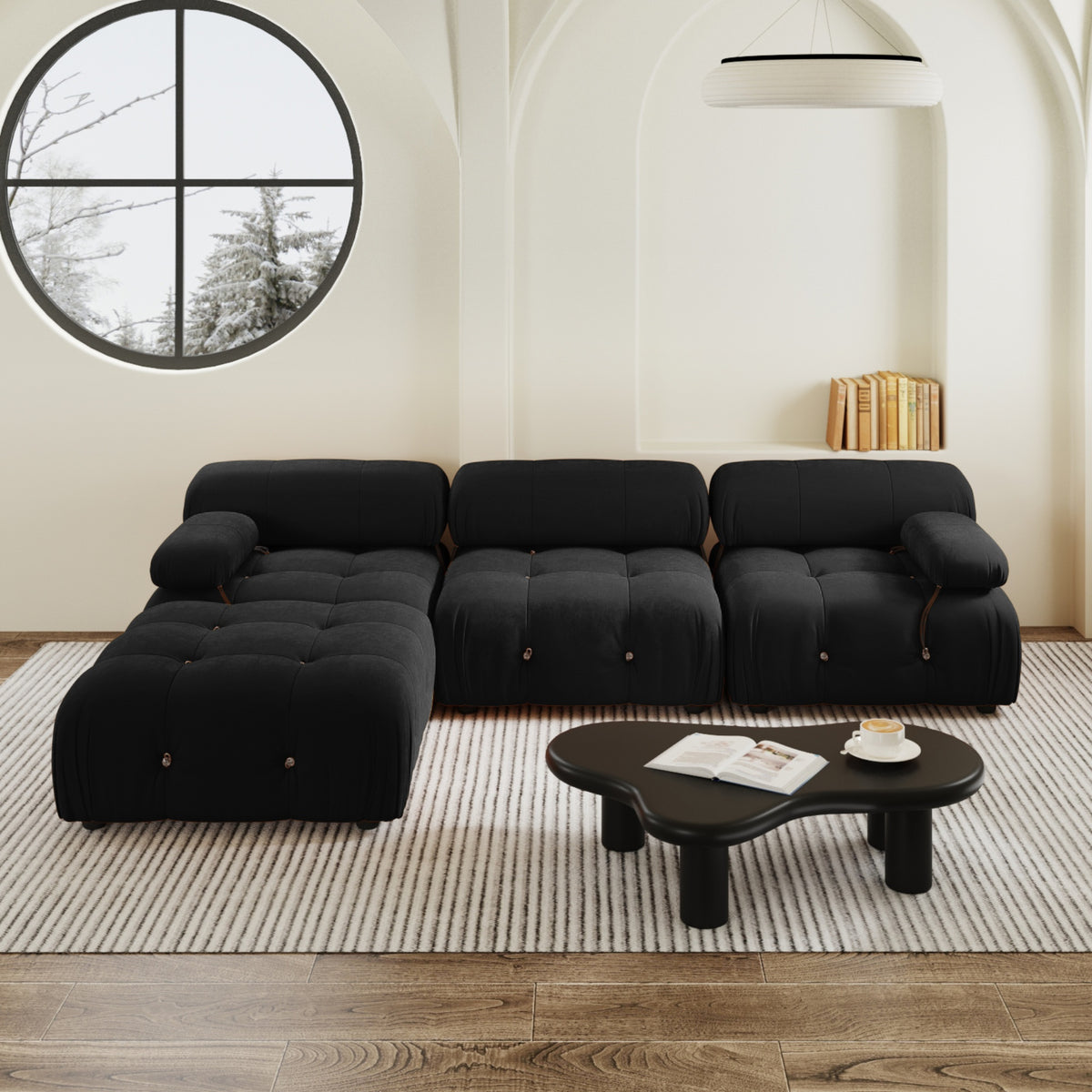 Urban Classic Modular Sofa, Comfort Modular 104-Inch Velvet L-Shaped Sectionals 4-Seaters, Black