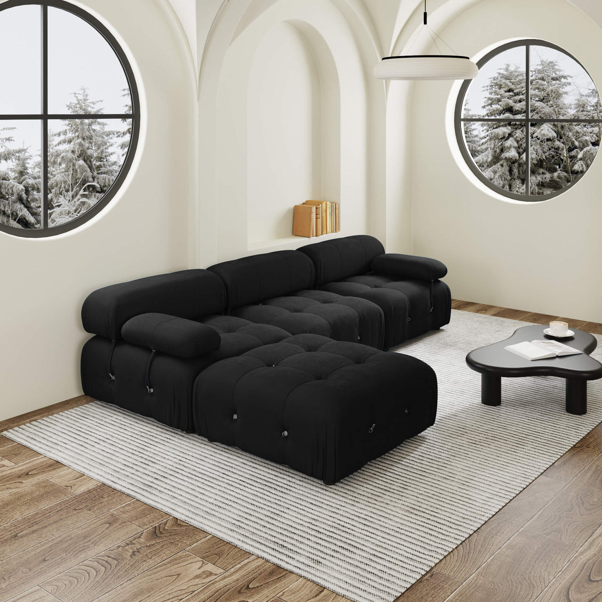 Urban Classic Modular Sofa, Comfort Modular 104-Inch Velvet L-Shaped Sectionals 4-Seaters, Black
