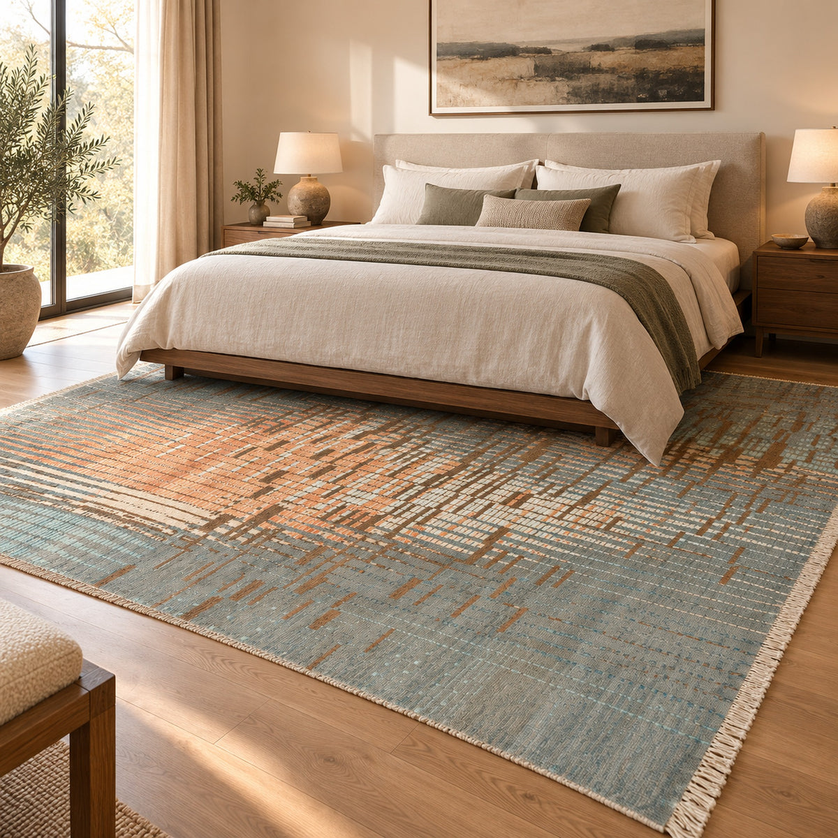 Mystique Grafton Grey Orange Oversized Area Rug For your Home in a bedroom