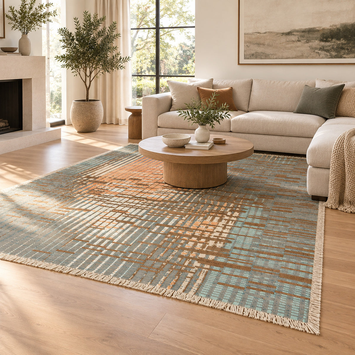 Mystique Grafton Grey Orange Oversized Area Rug For your Home in a living room