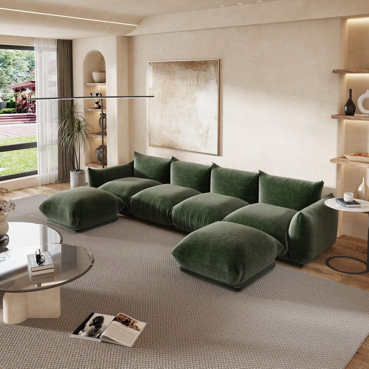 Urban Sectional Sofa, Plush Comfort Chenille U-Shaped Sectionals 6-Seaters, Green