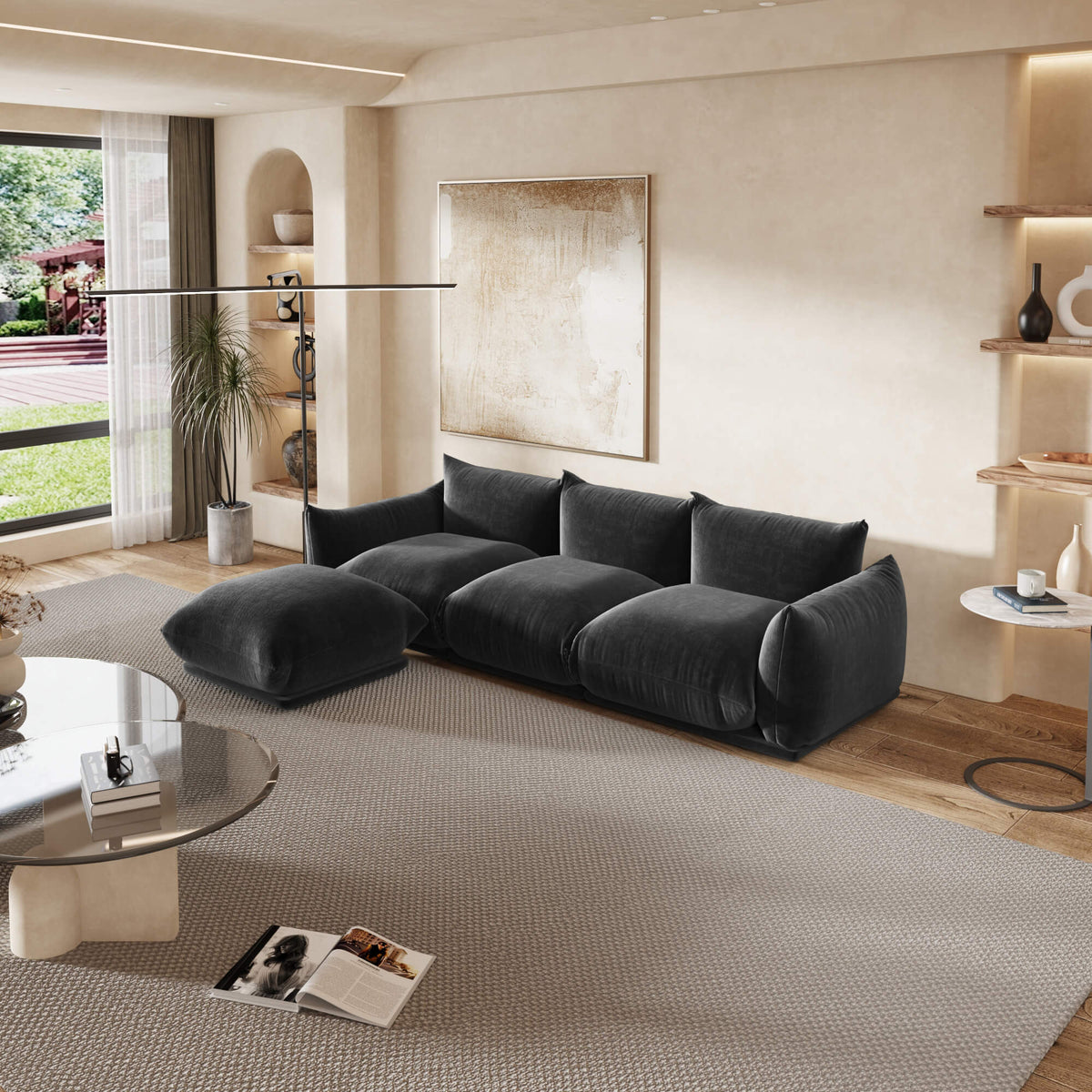 Urban Sectional Sofa, Modular Flexibility 104-Inch Chenille L-Shaped Sectionals 4-Seaters, Black