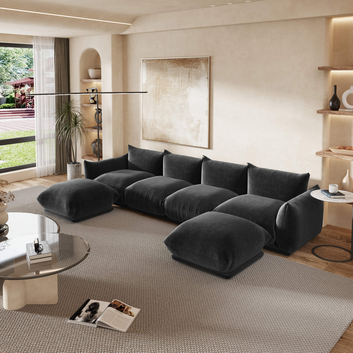 Urban Sectional Sofa, Plush Comfort Chenille U-Shaped Sectionals 6-Seaters, Black