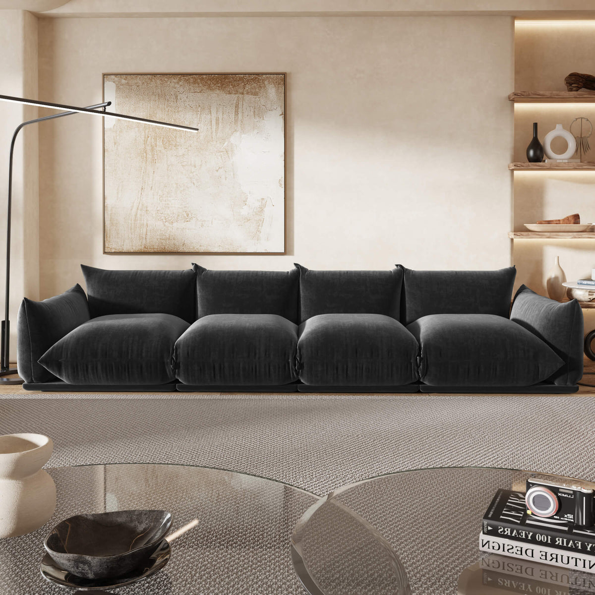 Urban Sectional Sofa, Comfortable Spacious 130-Inch Chenille Sleepers 4-Seaters, Black