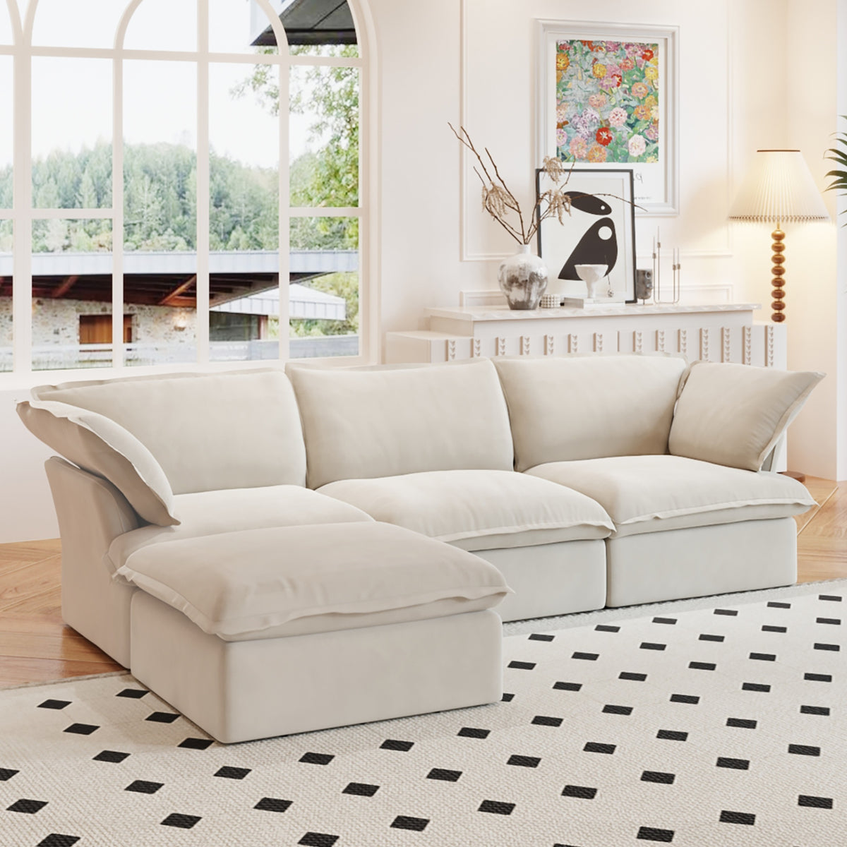 Sky Classic Linen Cloud Sofa, Modular Washable 122-Inch Linen L-Shaped Sectionals 4-Seaters