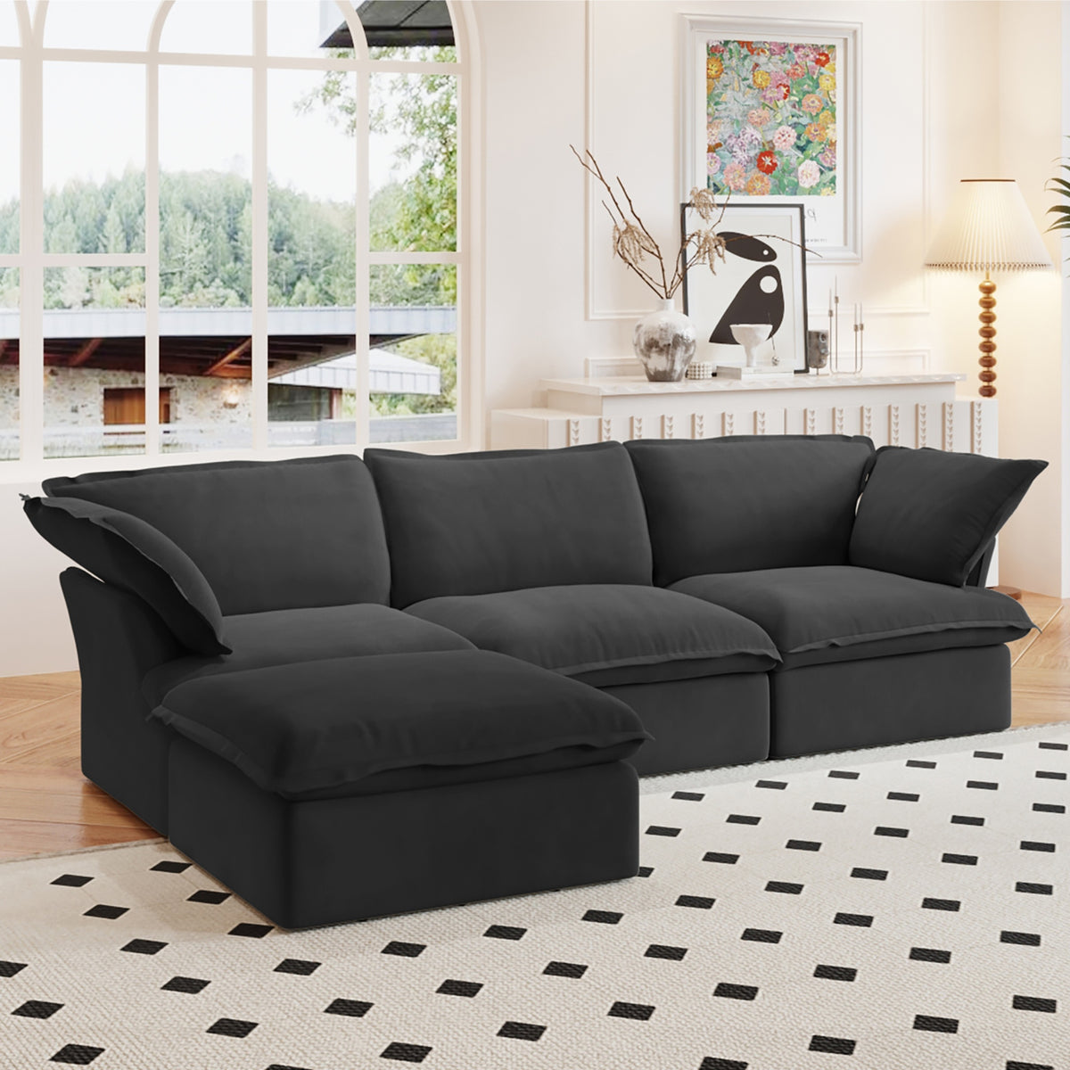 Sky Classic Linen Cloud Sofa, Modular Washable 122-Inch Linen L-Shaped Sectionals 4-Seaters