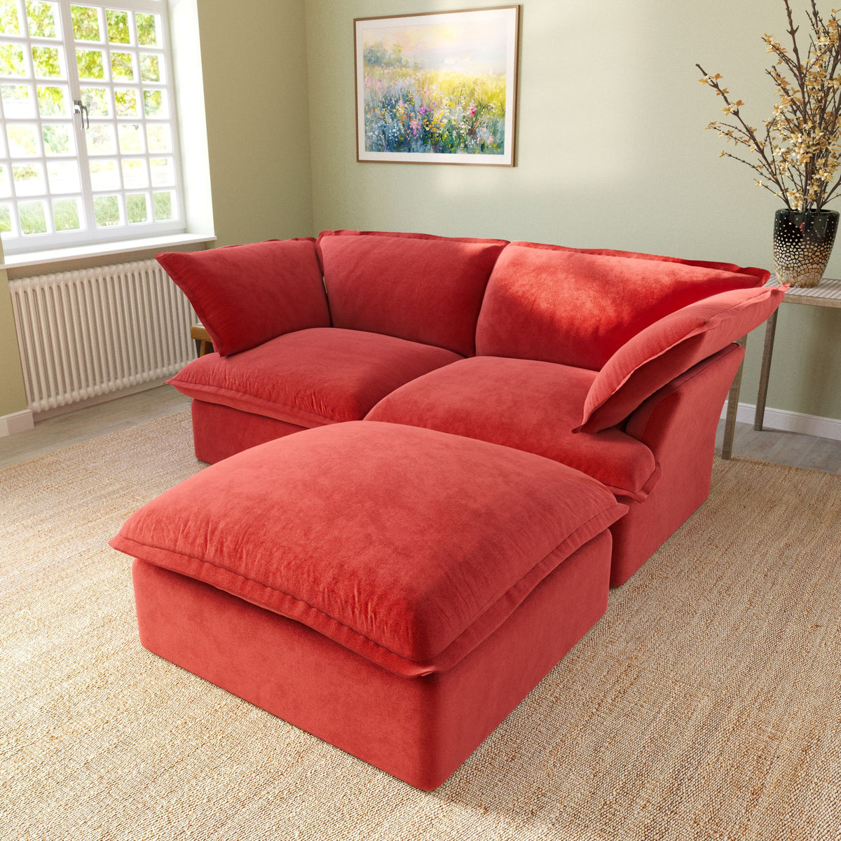 Sky Classic Velvet Cloud Sofa, Replaceable Cover 83-Inch Velvet L-Shaped Sectionals 3-Seaters, Red