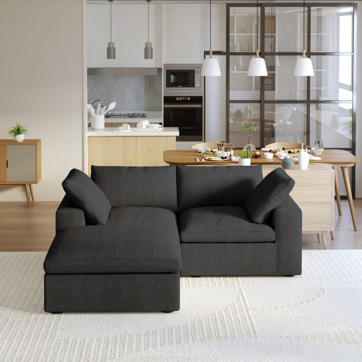 Sky Cloud Sectional Sofa, Pet-Friendly Cover 80-Inch Linen L-Shaped Sectionals 3-Seaters, Black
