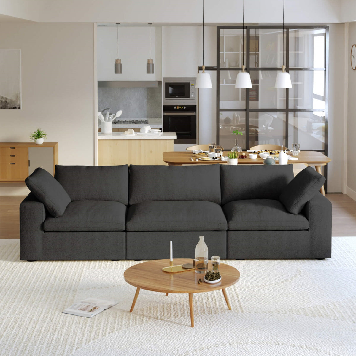 Sky Cloud Sectional Sofa, Pet-Friendly Cover 120-Inch Linen Sleepers 3-Seaters, Black