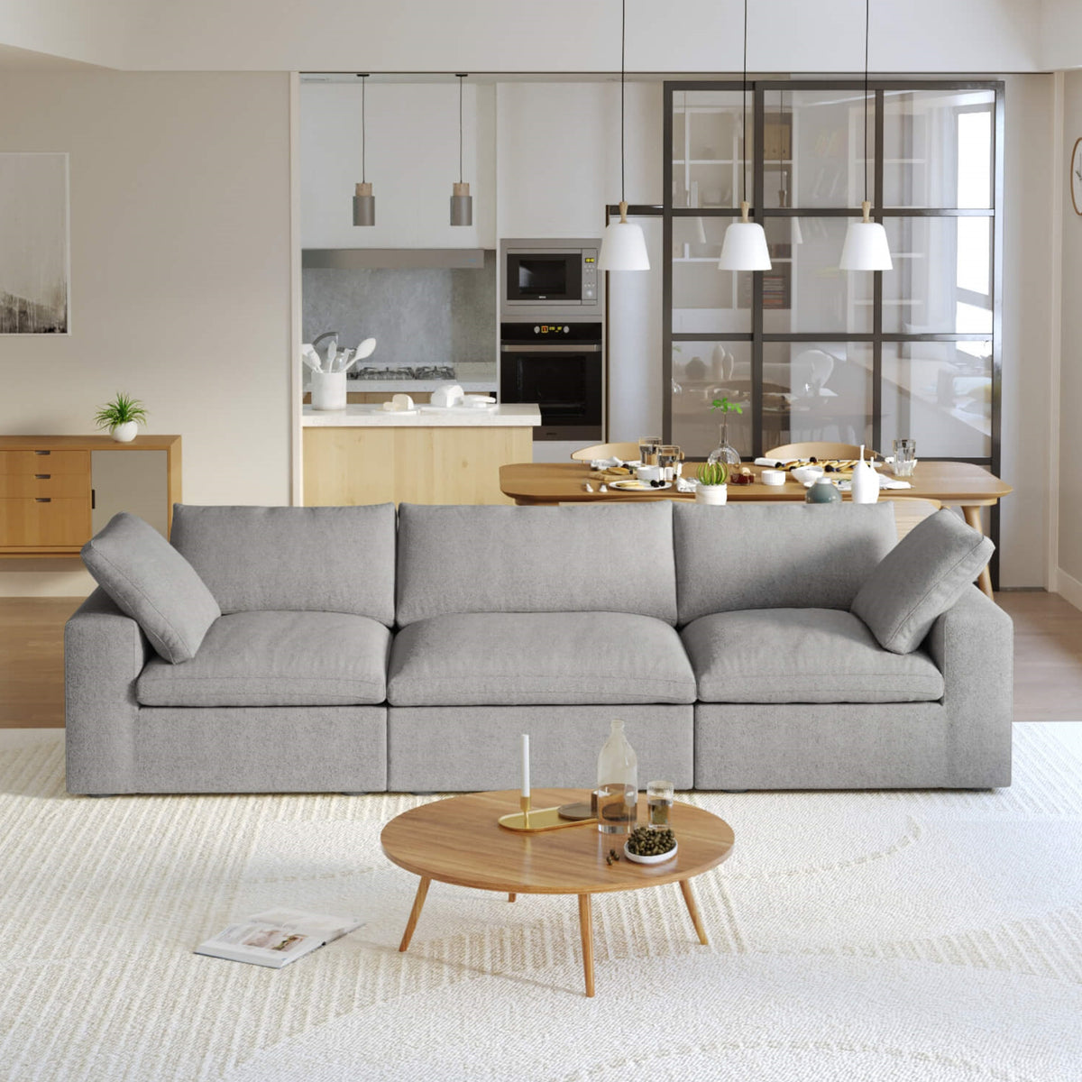 Sky Cloud Sectional Sofa, Pet-Friendly Cover 120-Inch Linen Sleepers 3-Seaters, Grey