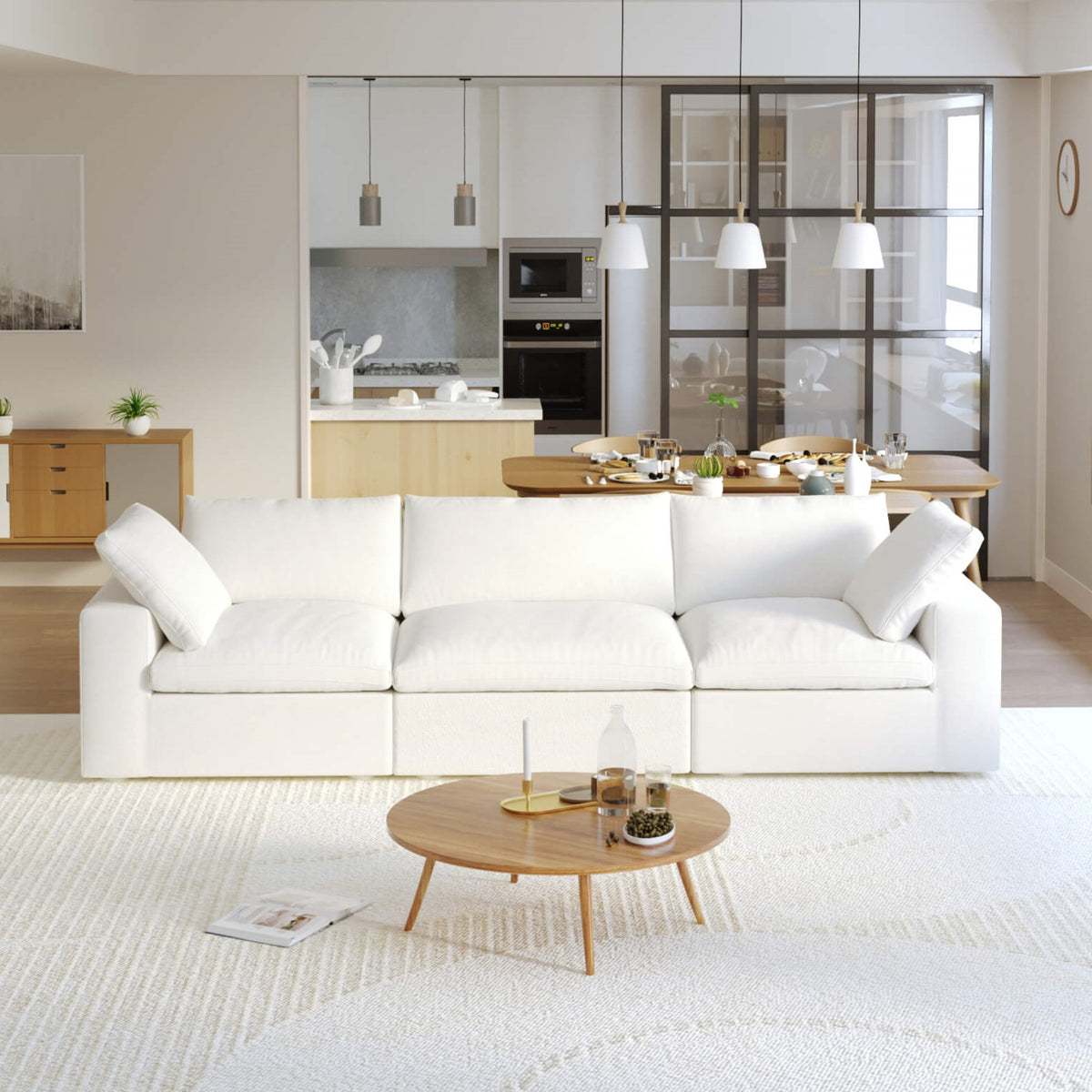 Sky Cloud Sectional Sofa, Pet-Friendly Cover 120-Inch Linen Sleepers 3-Seaters, White