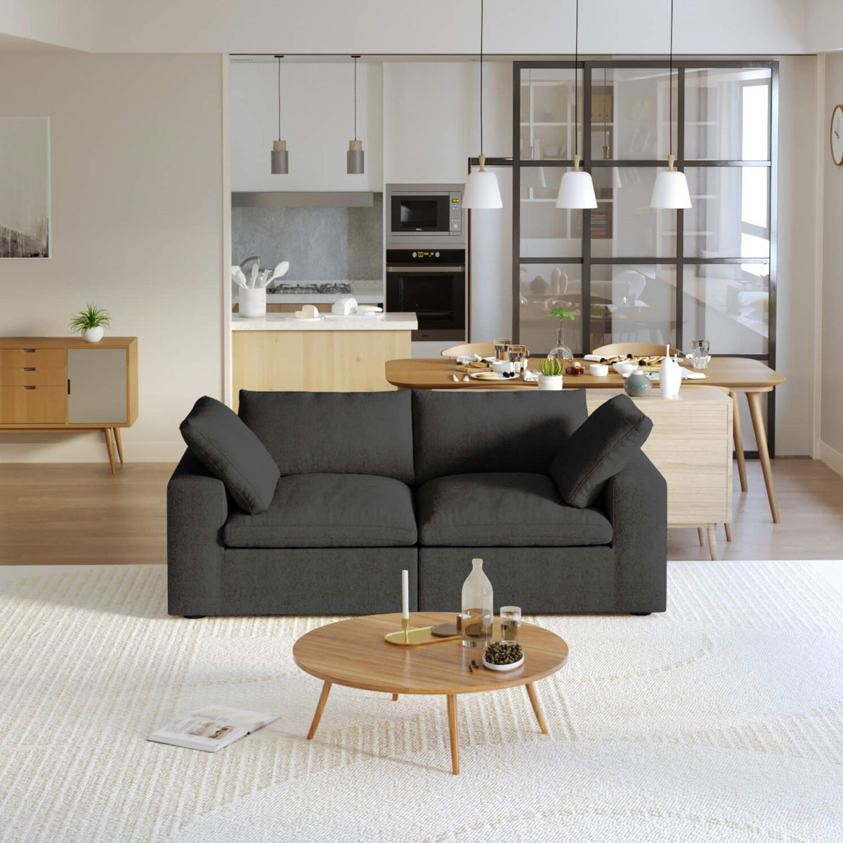 Sky Cloud Sectional Sofa, Modular Washable 80-Inch Linen Loveseats 2-Seaters, Black
