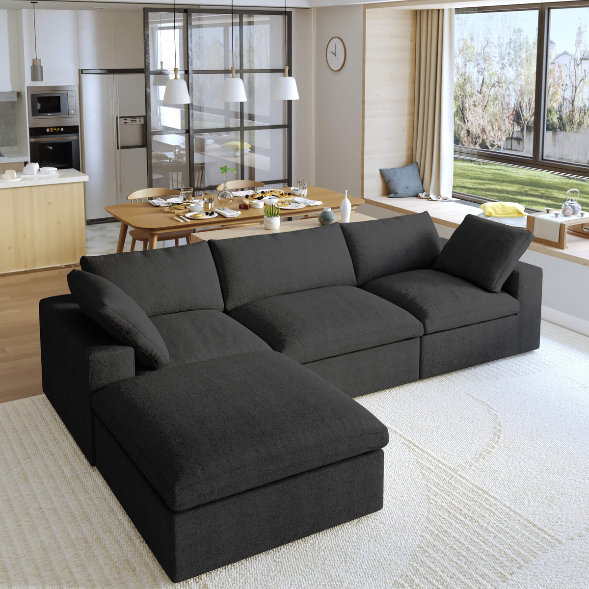 Sky Cloud Sectional Sofa, Washable Cover 120-Inch Linen L-Shaped Sectionals 4-Seaters