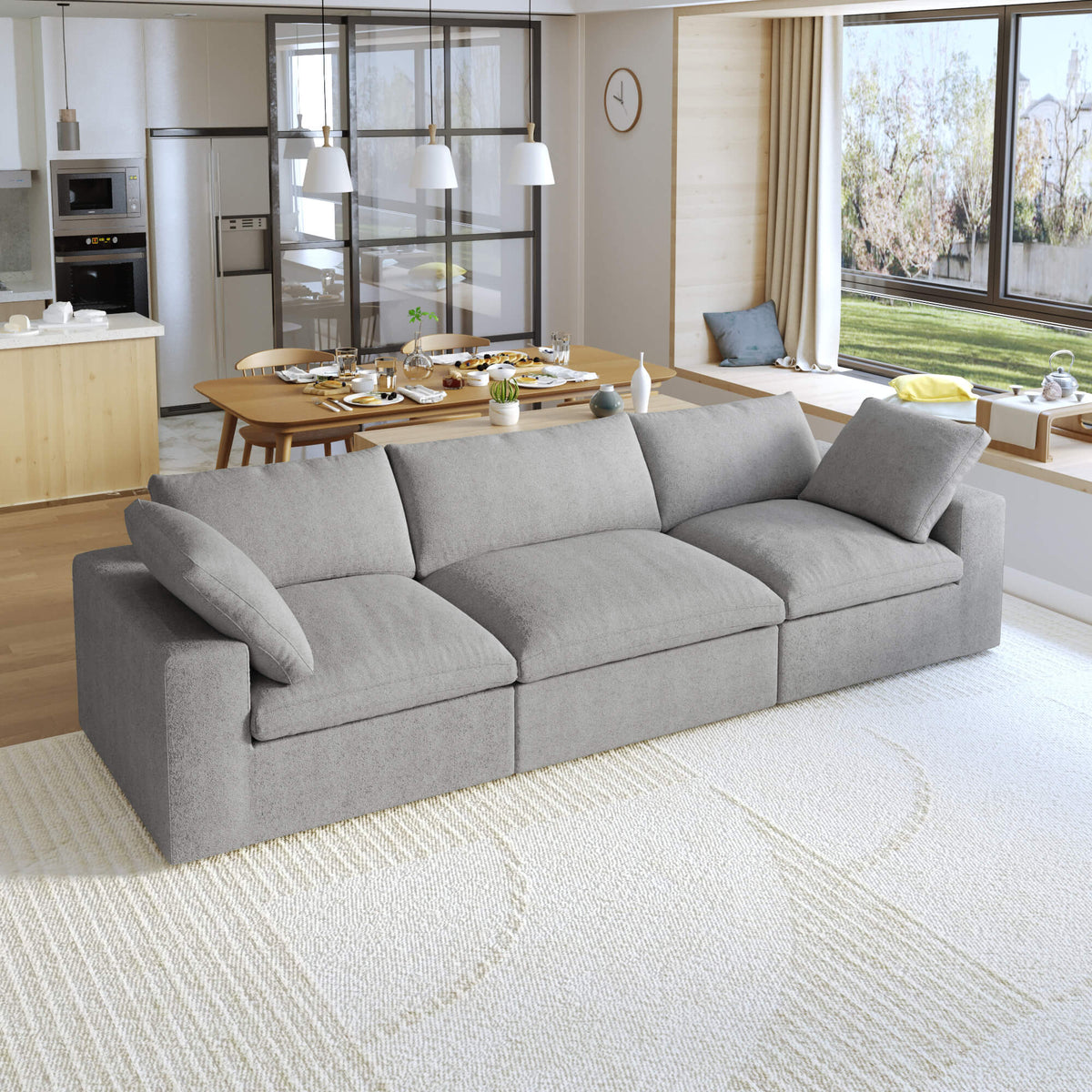 Sky Cloud Sectional Sofa, Pet-Friendly Cover 120-Inch Linen Sleepers 3-Seaters