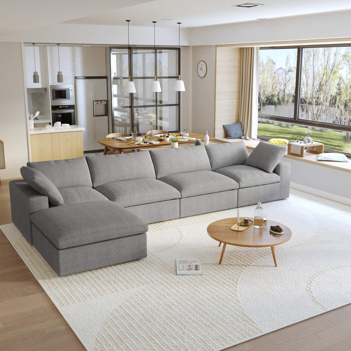 Sky Cloud Sectional Sofa, Modular Washable 160-Inch Linen L-Shaped Sectionals 5-Seaters