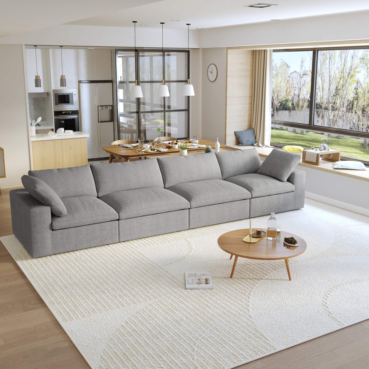 Sky Cloud Sectional Sofa, Replaceable Cover 160-Inch Linen Sleepers 4-Seaters