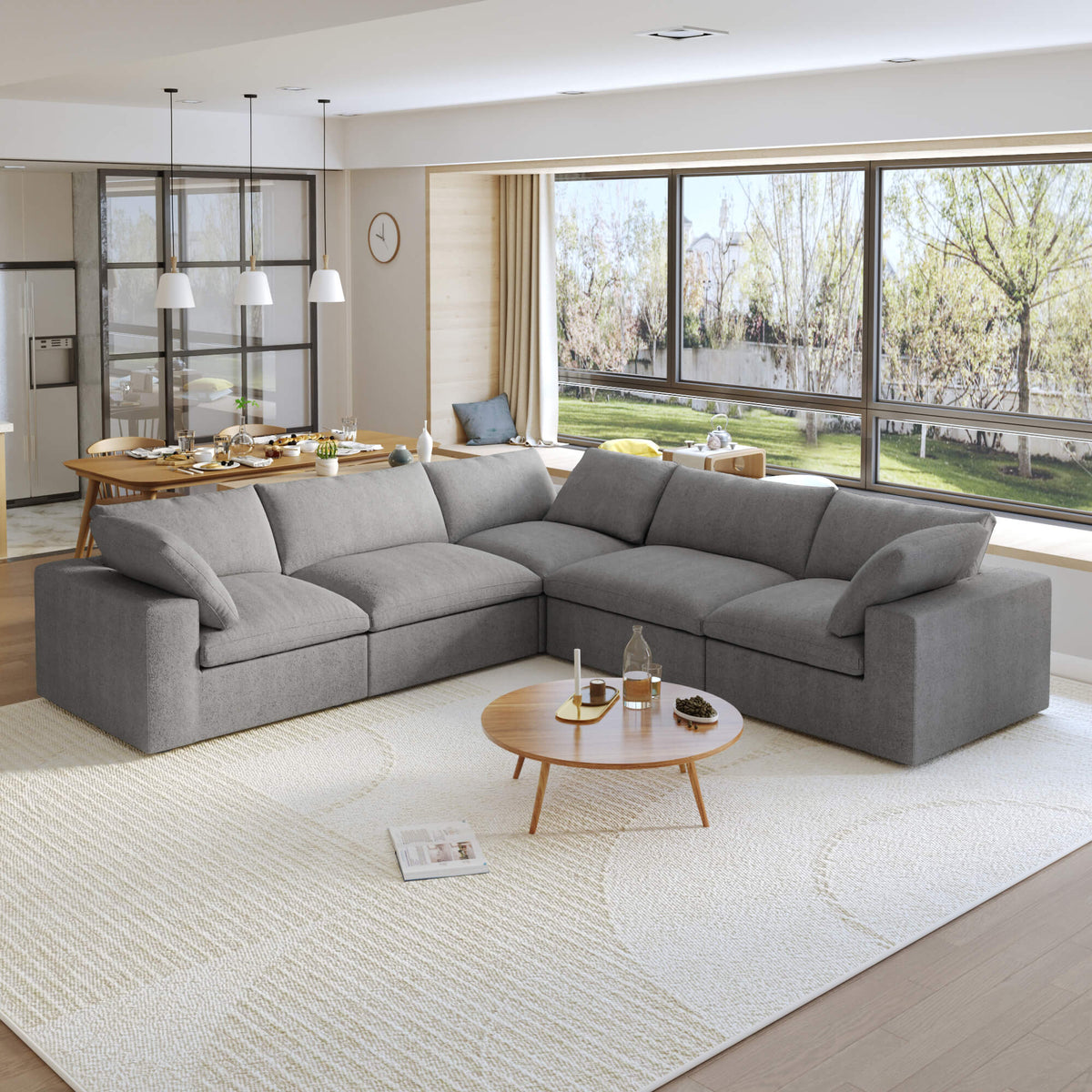 Sky Cloud Sectional Sofa, Washable Cover 120-Inch Linen Corner Sectionals 5-Seaters