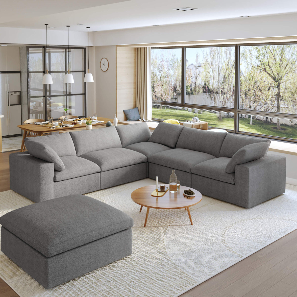 Sky Cloud Sectional Sofa, Replaceable Cover 120-Inch Linen Corner Sectionals 5-Seaters