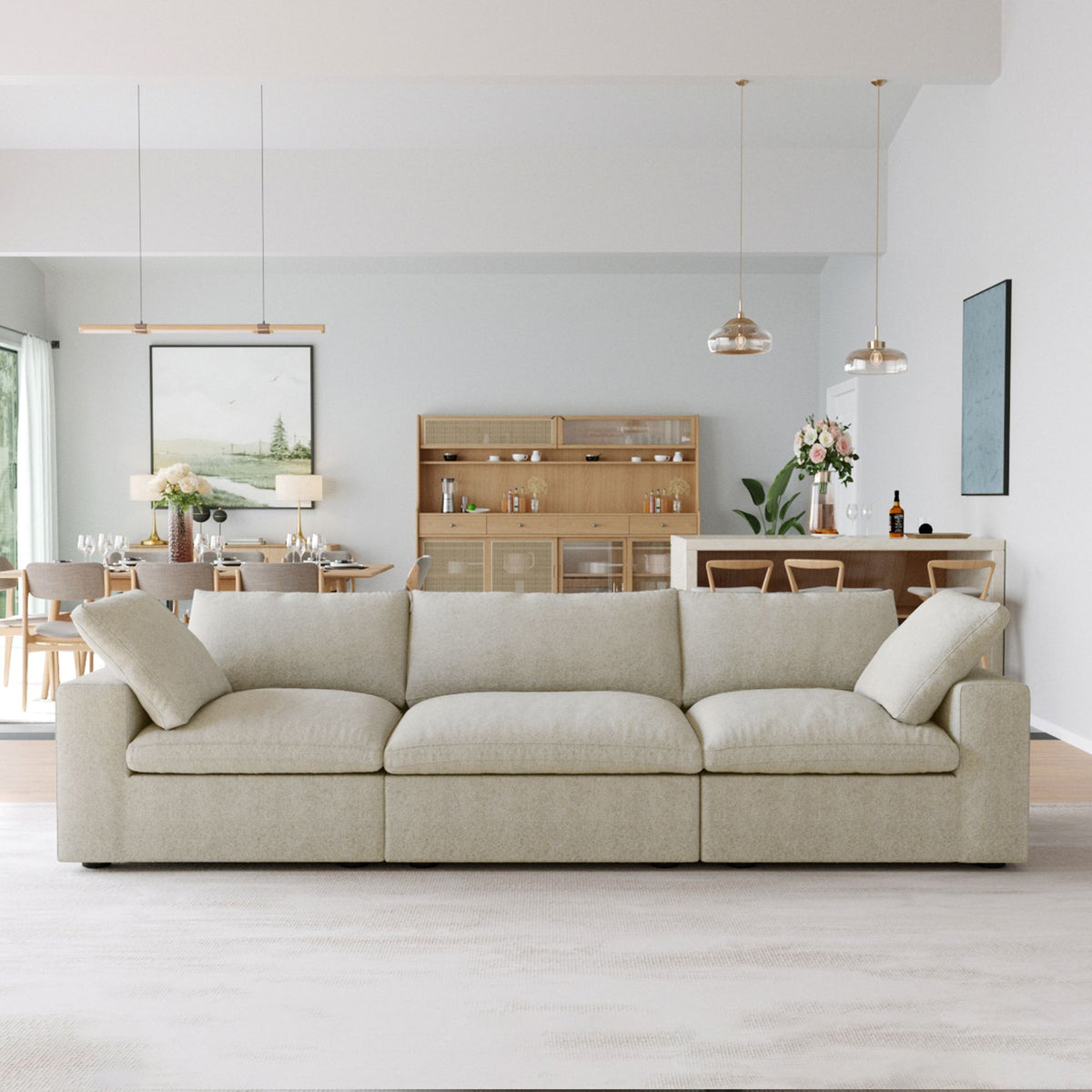 Sky Cloud Sectional Sofa, Pet-Friendly Cover 120-Inch Linen Sleepers 3-Seaters, Khaki