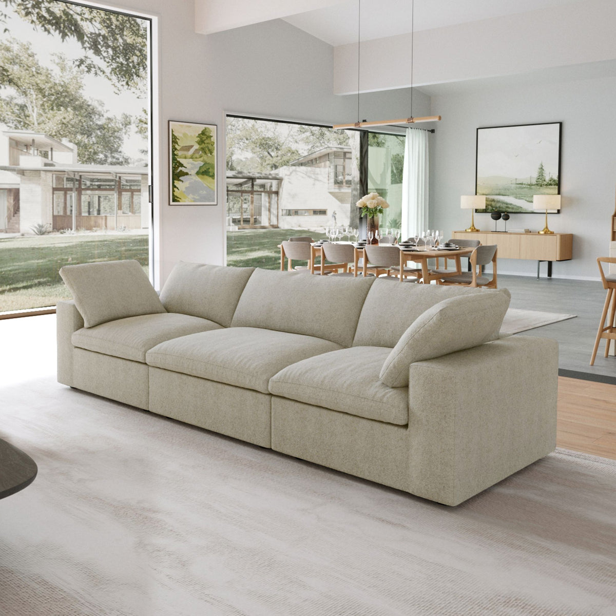 Sky Cloud Sectional Sofa, Pet-Friendly Cover 120-Inch Linen Sleepers 3-Seaters