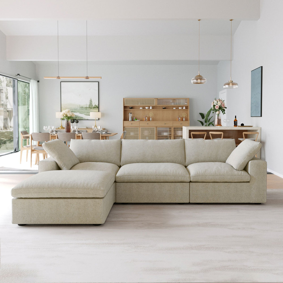 Sky Cloud Sectional Sofa, Washable Cover 120-Inch Linen L-Shaped Sectionals 4-Seaters