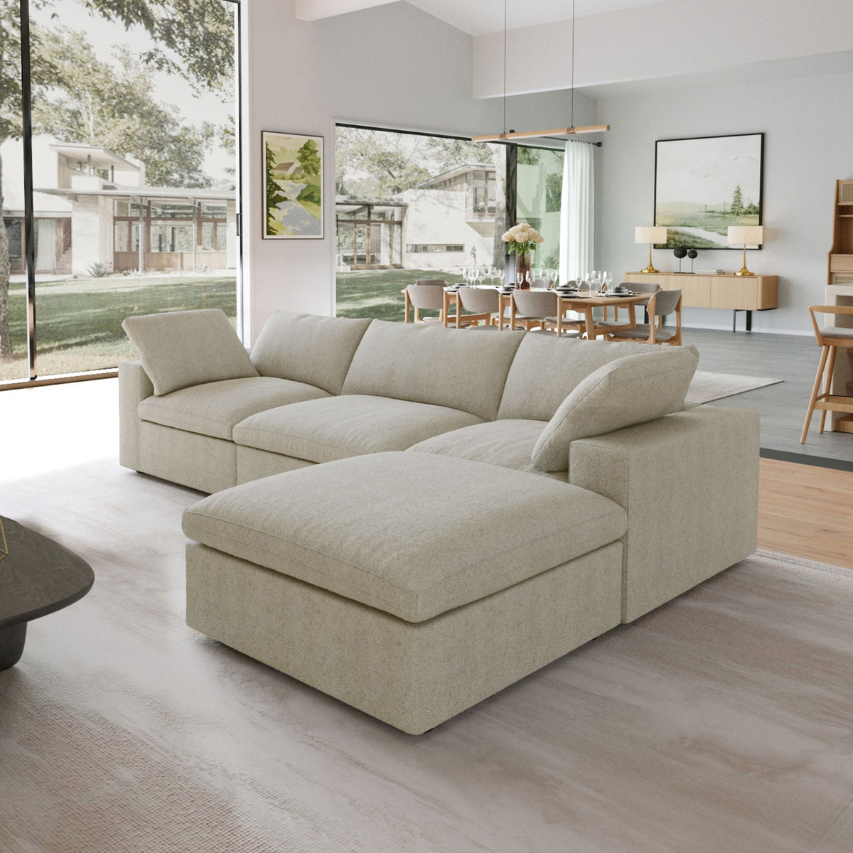 Sky Cloud Sectional Sofa, Washable Cover 120-Inch Linen L-Shaped Sectionals 4-Seaters