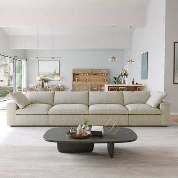 Sky Cloud Sectional Sofa, Replaceable Cover 160-Inch Linen Sleepers 4-Seaters, Khaki