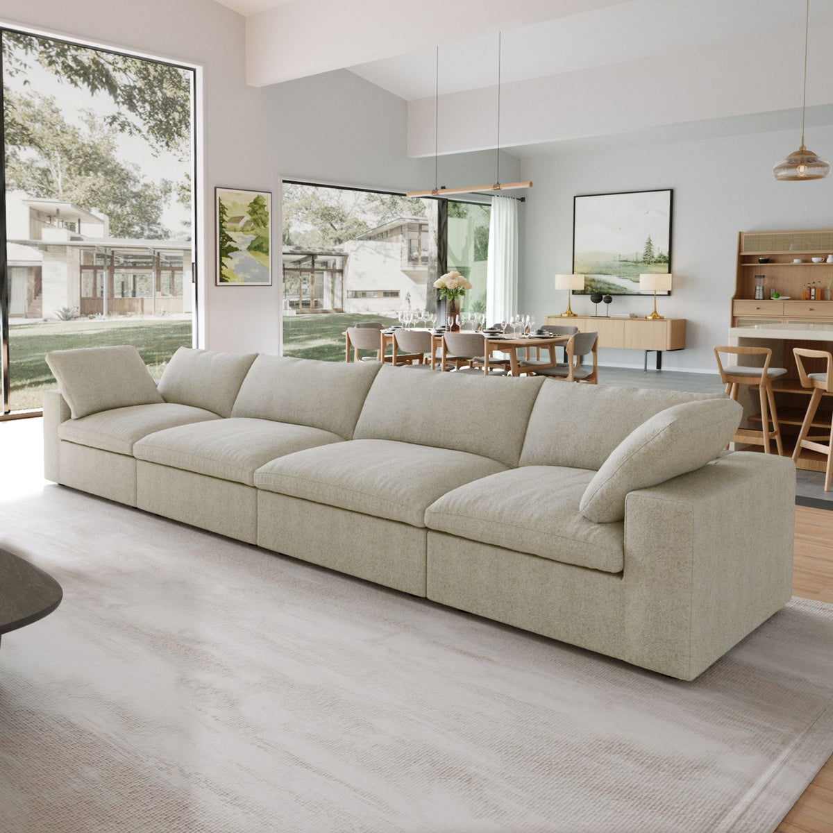 Sky Cloud Sectional Sofa, Replaceable Cover 160-Inch Linen Sleepers 4-Seaters