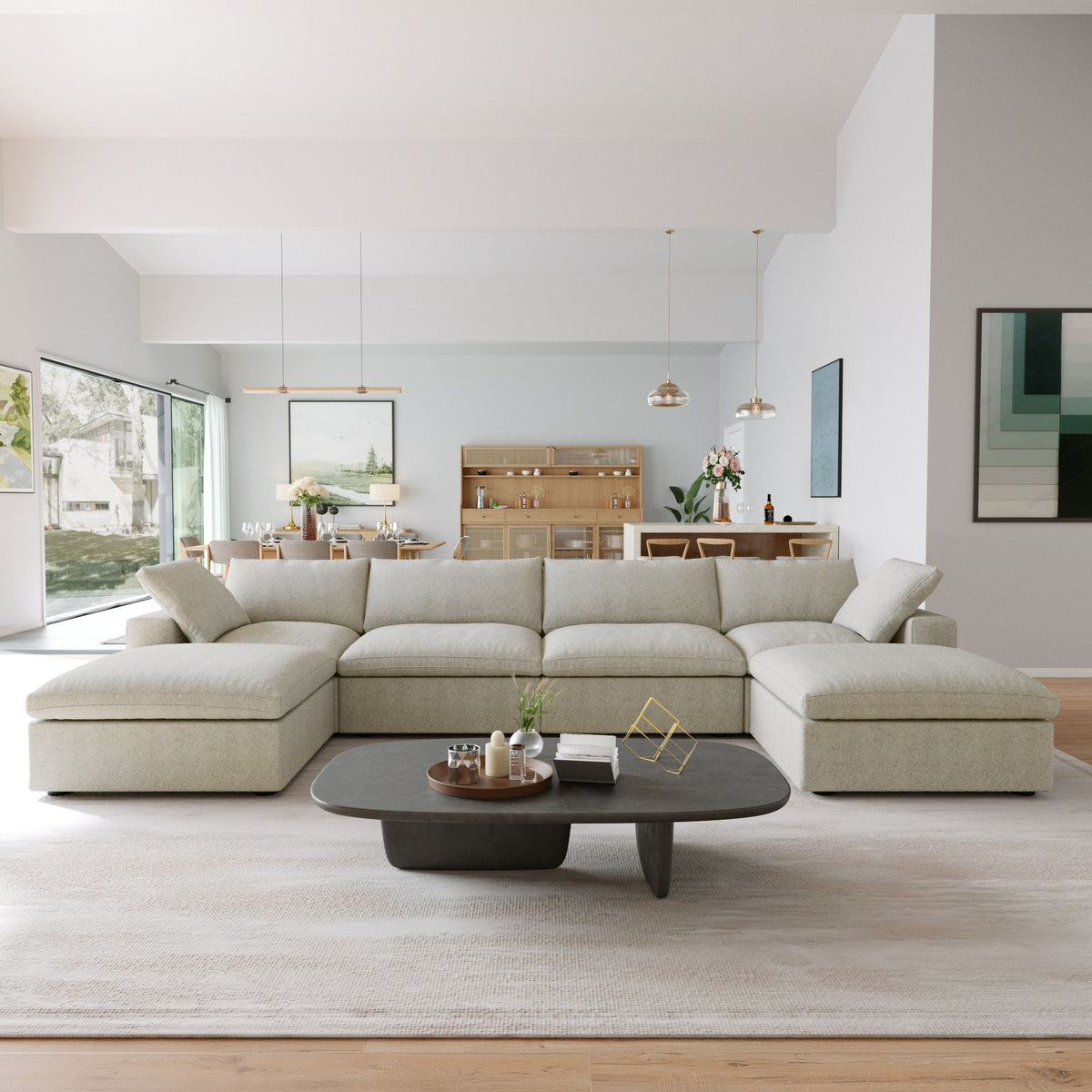 Sky Cloud Sectional Sofa, Pet-Friendly Cover 160-Inch Linen U-Shaped Sectionals 6-Seaters, Khaki