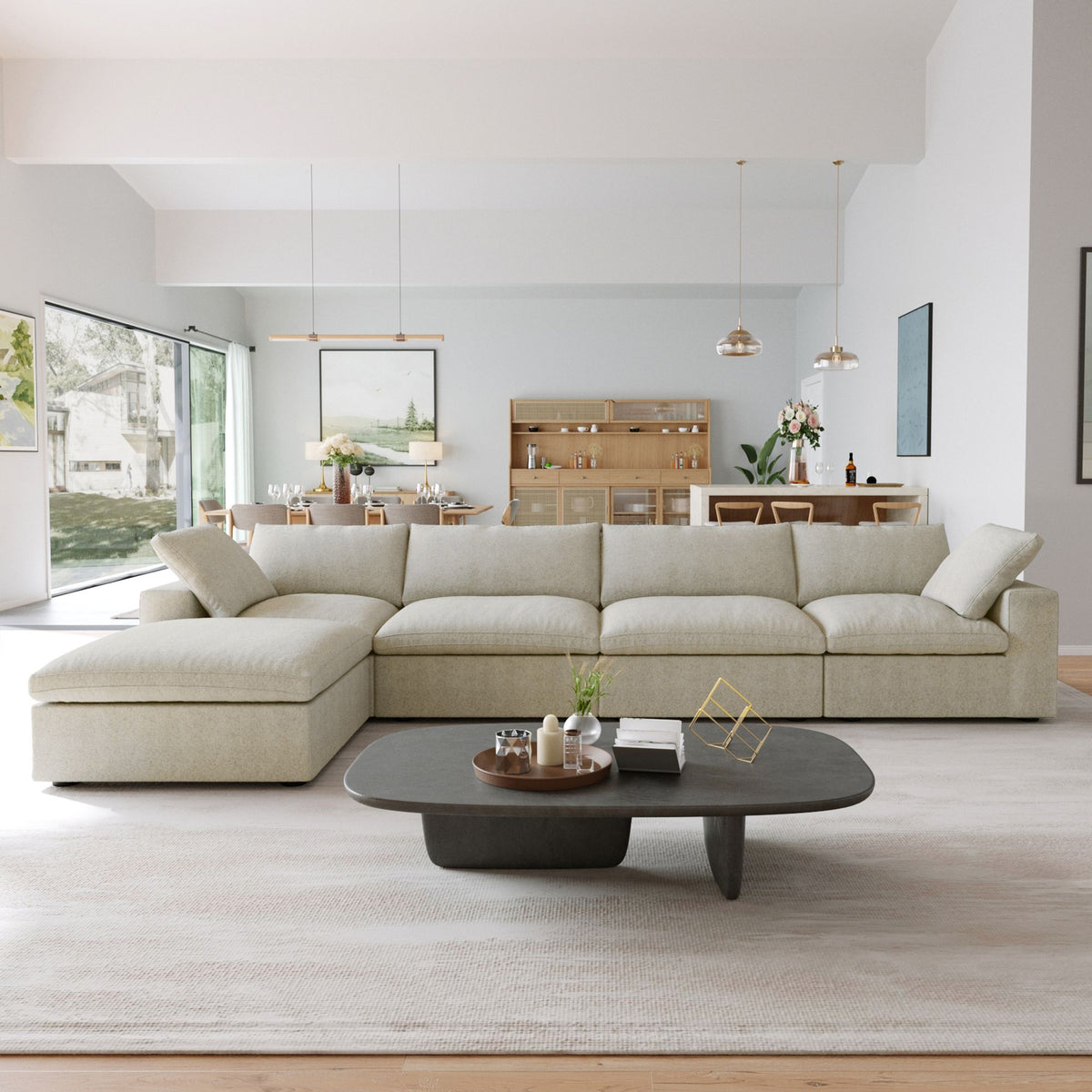 Sky Cloud Sectional Sofa, Modular Washable 160-Inch Linen L-Shaped Sectionals 5-Seaters