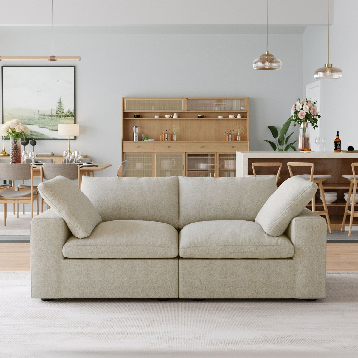 Sky Cloud Sectional Sofa, Modular Washable 80-Inch Linen Loveseats 2-Seaters, Khaki