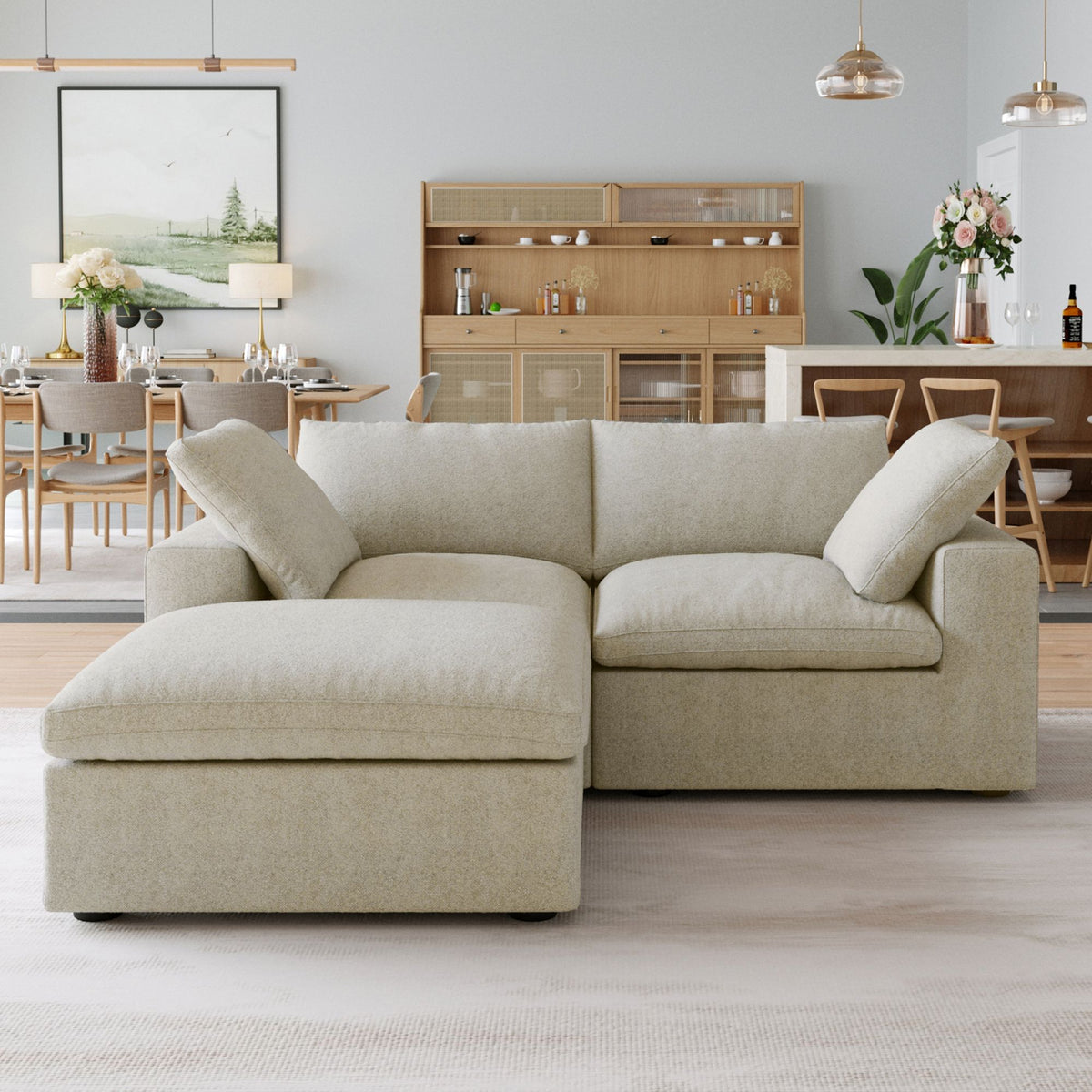 Sky Cloud Sectional Sofa, Pet-Friendly Cover 80-Inch Linen L-Shaped Sectionals 3-Seaters, Khaki