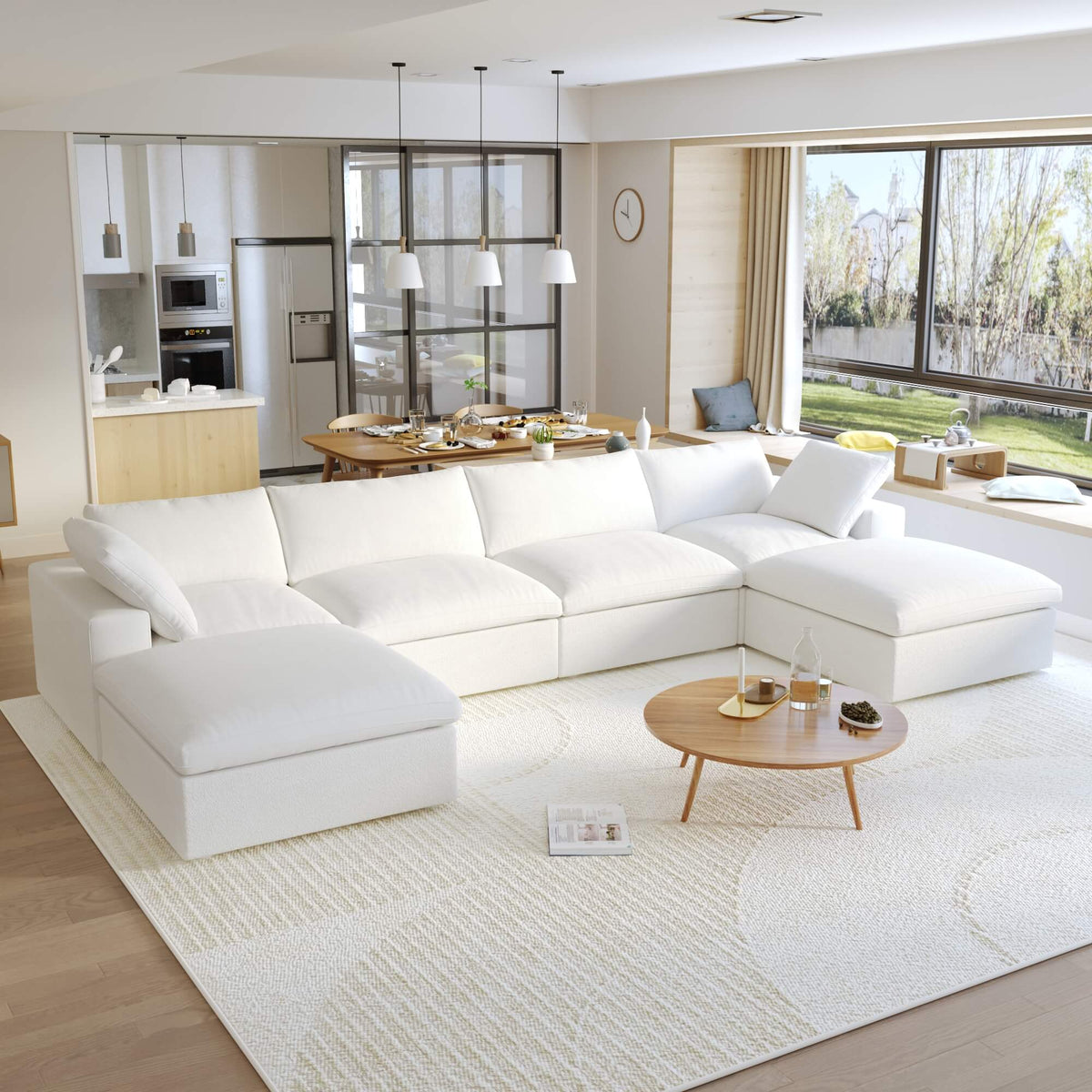 Sky Cloud Sectional Sofa, Pet-Friendly Cover 160-Inch Linen U-Shaped Sectionals 6-Seaters