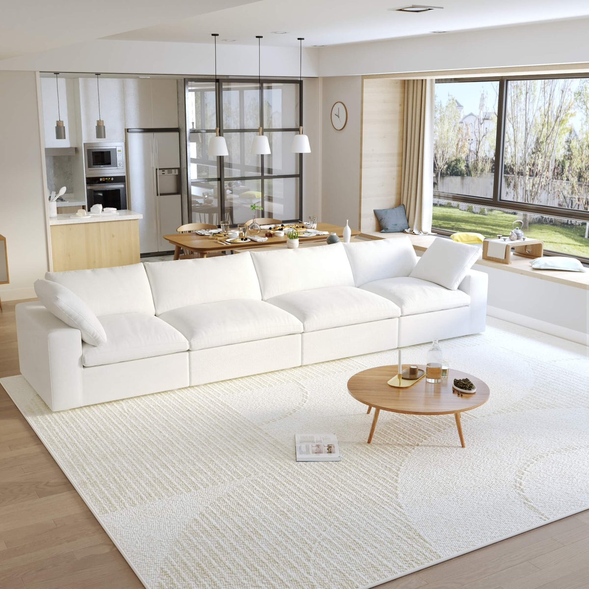 Sky Cloud Sectional Sofa, Replaceable Cover 160-Inch Linen Sleepers 4-Seaters