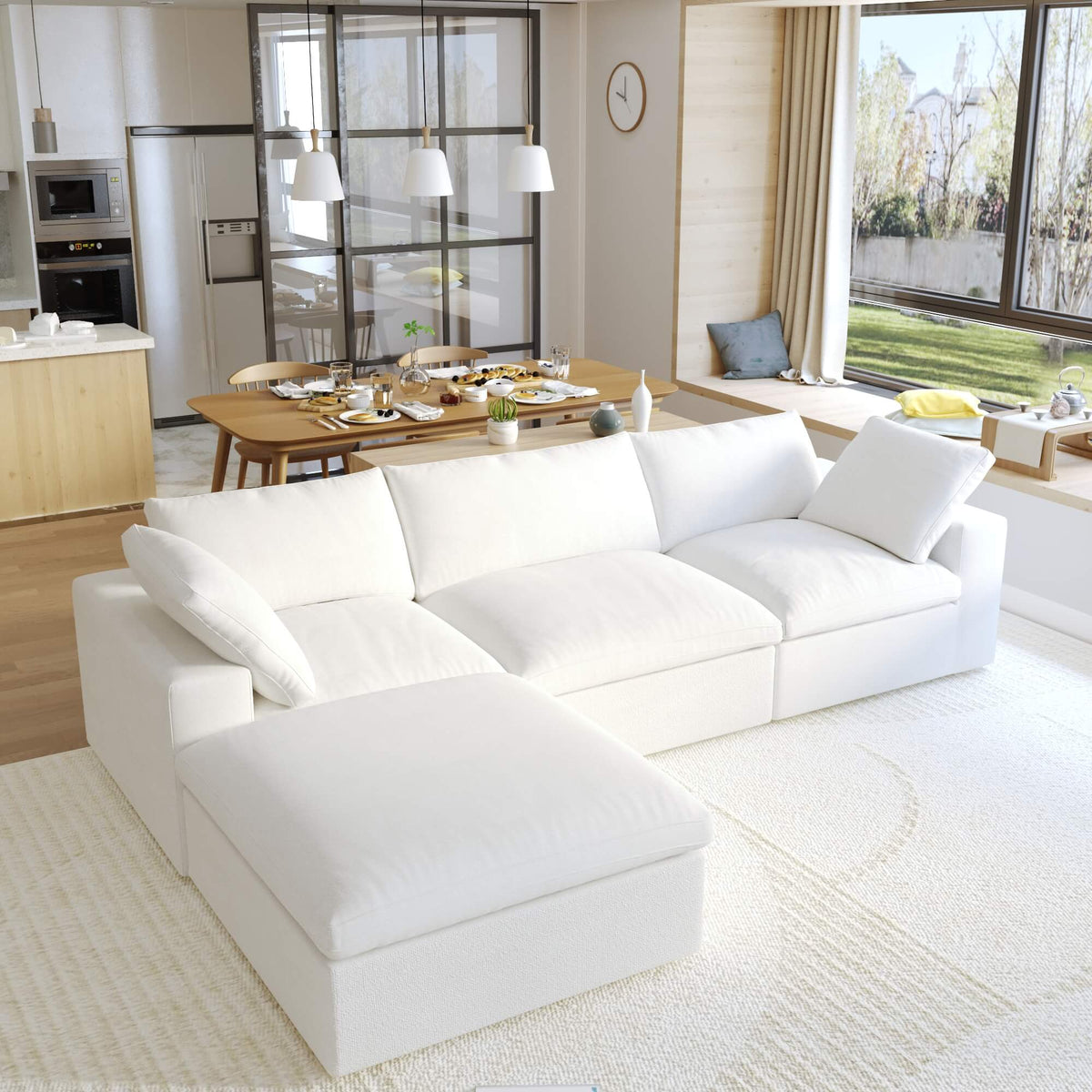 Sky Cloud Sectional Sofa, Washable Cover 120-Inch Linen L-Shaped Sectionals 4-Seaters