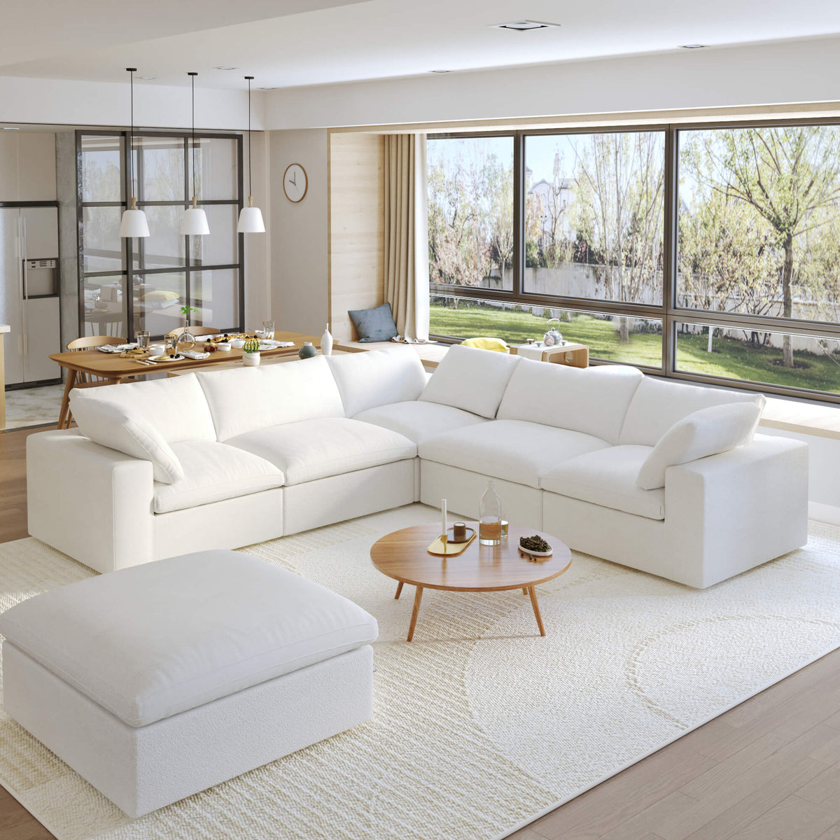 Sky Cloud Sectional Sofa, Replaceable Cover 120-Inch Linen Corner Sectionals 5-Seaters